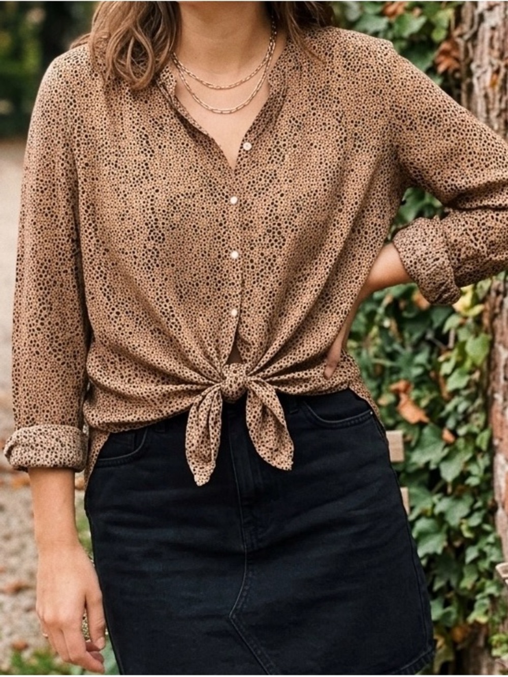 Old Navy Tan Animal Print Tie-Front Button Down Shirt